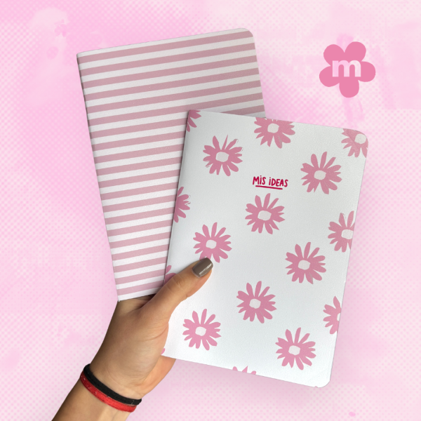 Combo FLORES PINK | 2 cuadernos A5 tapa flex | 1 liso + 1 rayado